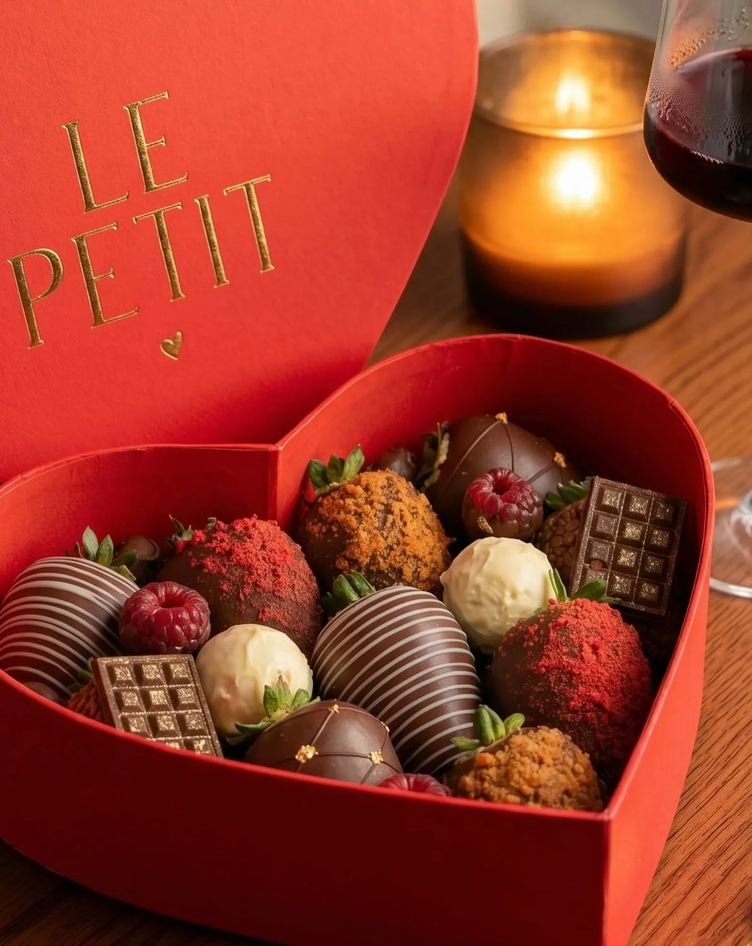 Caixa em forma de coração, vermelha, com Le Petit gravado em dourado na tampa aberta, cheia de morangos cobertos de chocolate, bombons e tabletes, ao lado de uma vela e uma taça de vinho.
